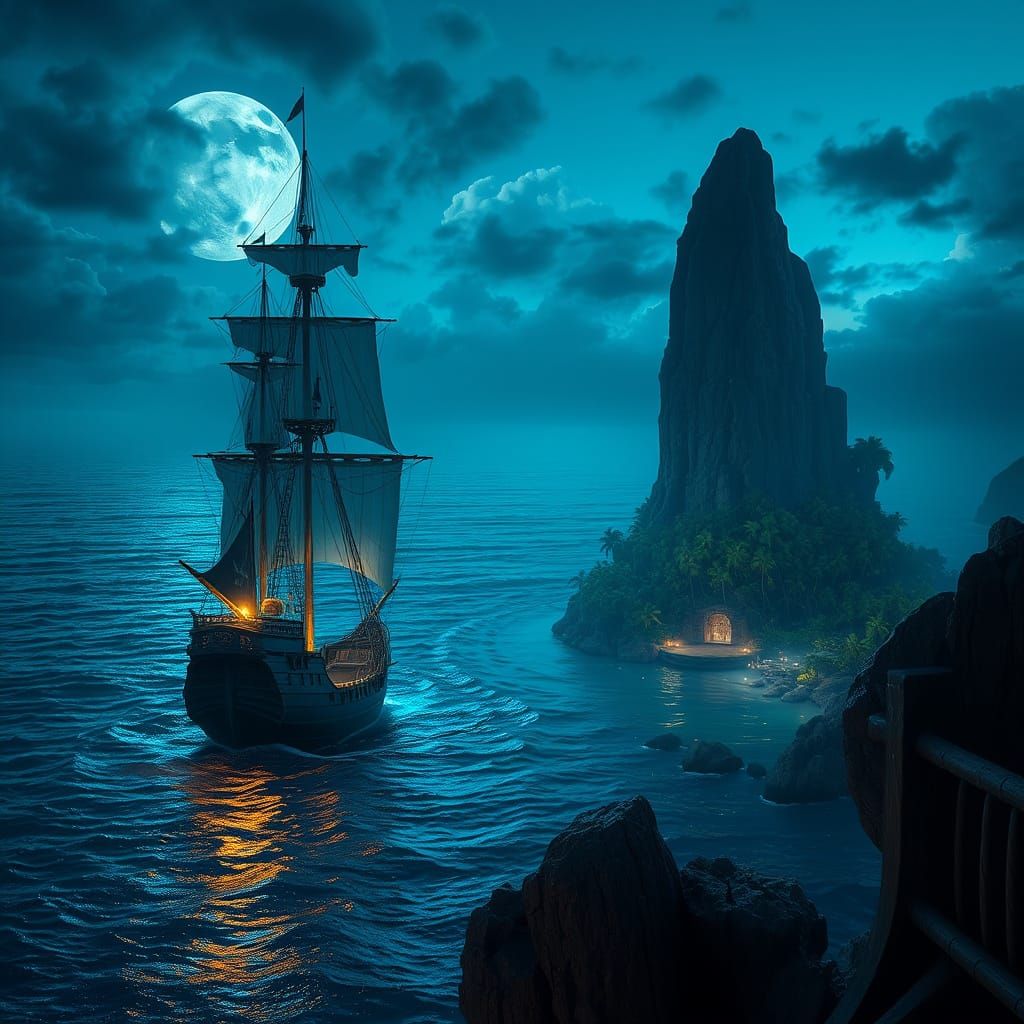 Surreal Pirateship Enters Tropical Island Coast at Night