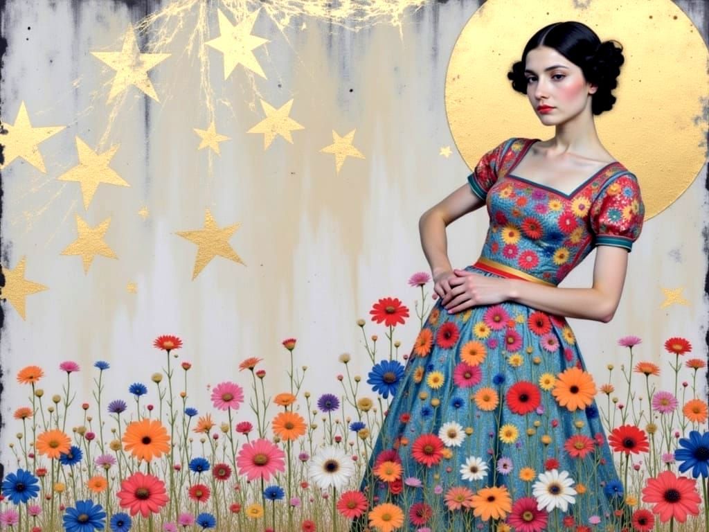 Klimt-Inspired Woman with Floral Gold Abstraction