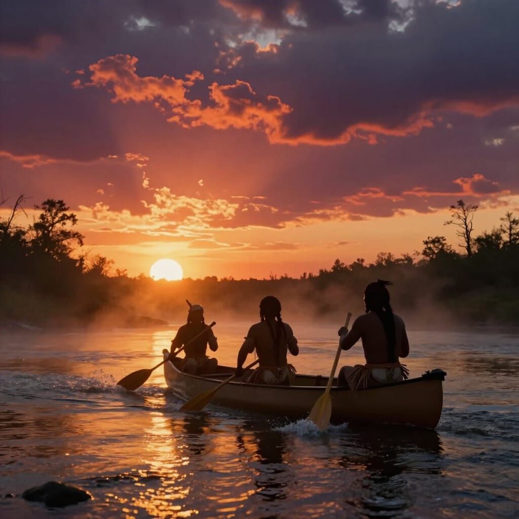 Native Americans Paddle Canoe at Fiery Sunset