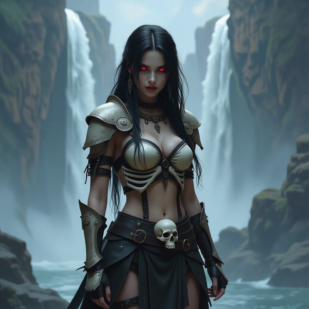 Female Warrior in Bone Armor at Waterfall Precipice