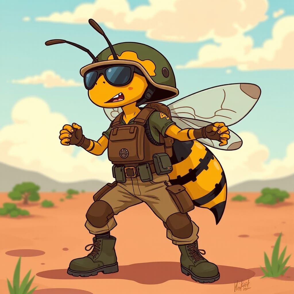 Tactical Killer Bee in Studio Ghibli Style