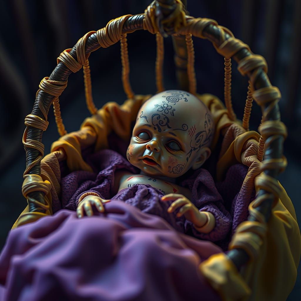 Eerie Baby Doll Masterpiece in Cradle