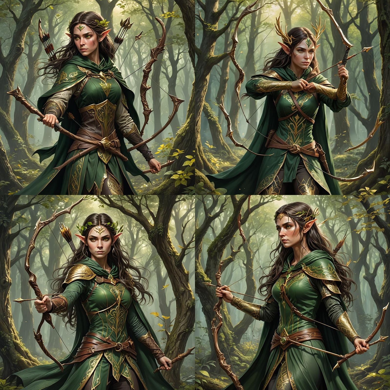Female forest elf with green cloak with golden tree design o...