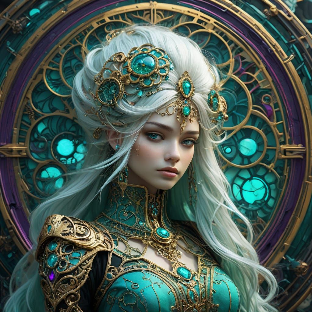 Solaris the Sovereign, Commander AI Queen stands before a vibrant cosmic Stargate. ...