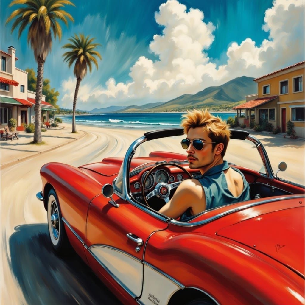 Sleek Convertible Speeds Down Sun-Kissed Strand Avenue