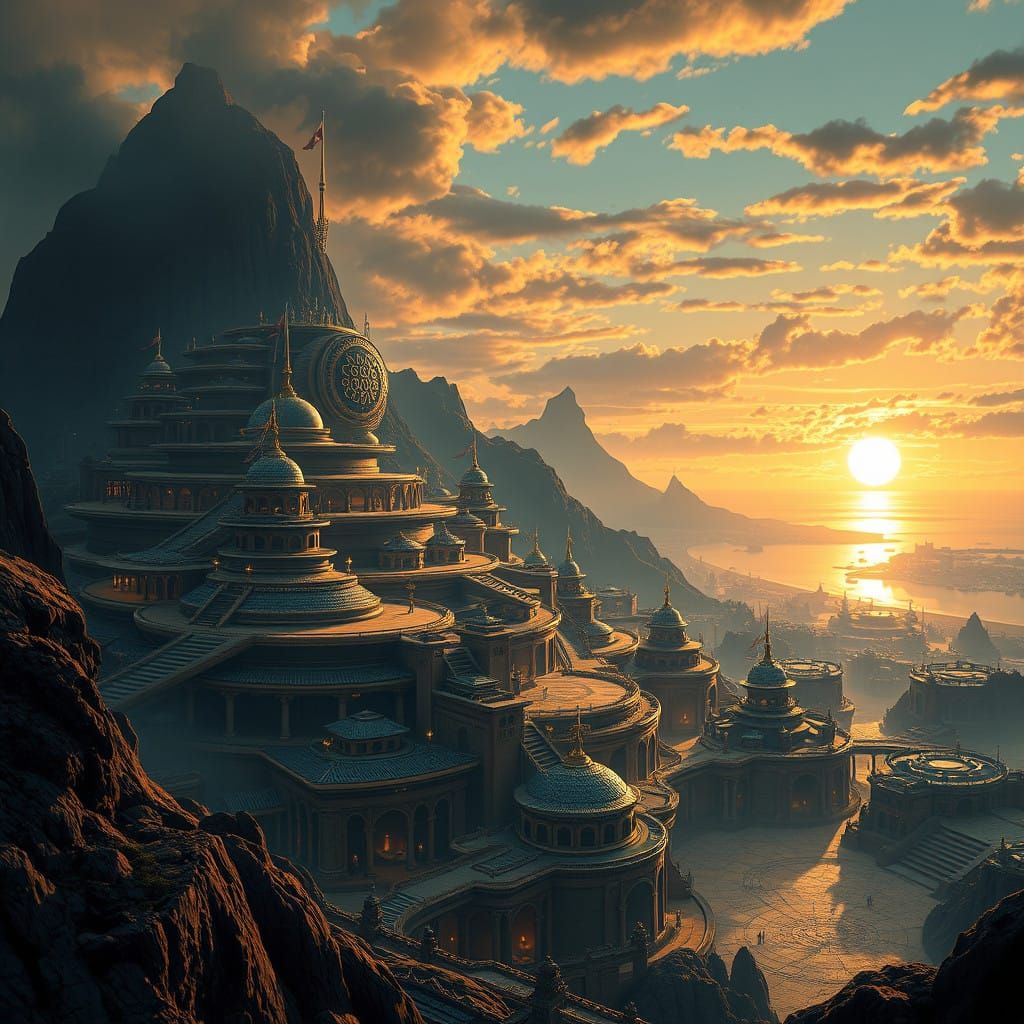 Surreal Futuristic City Built into a Volcano in a Blend of T...