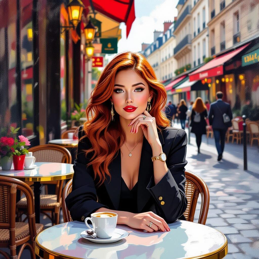 Redhead in Paris Cafe: Hyperreal Impasto Painting