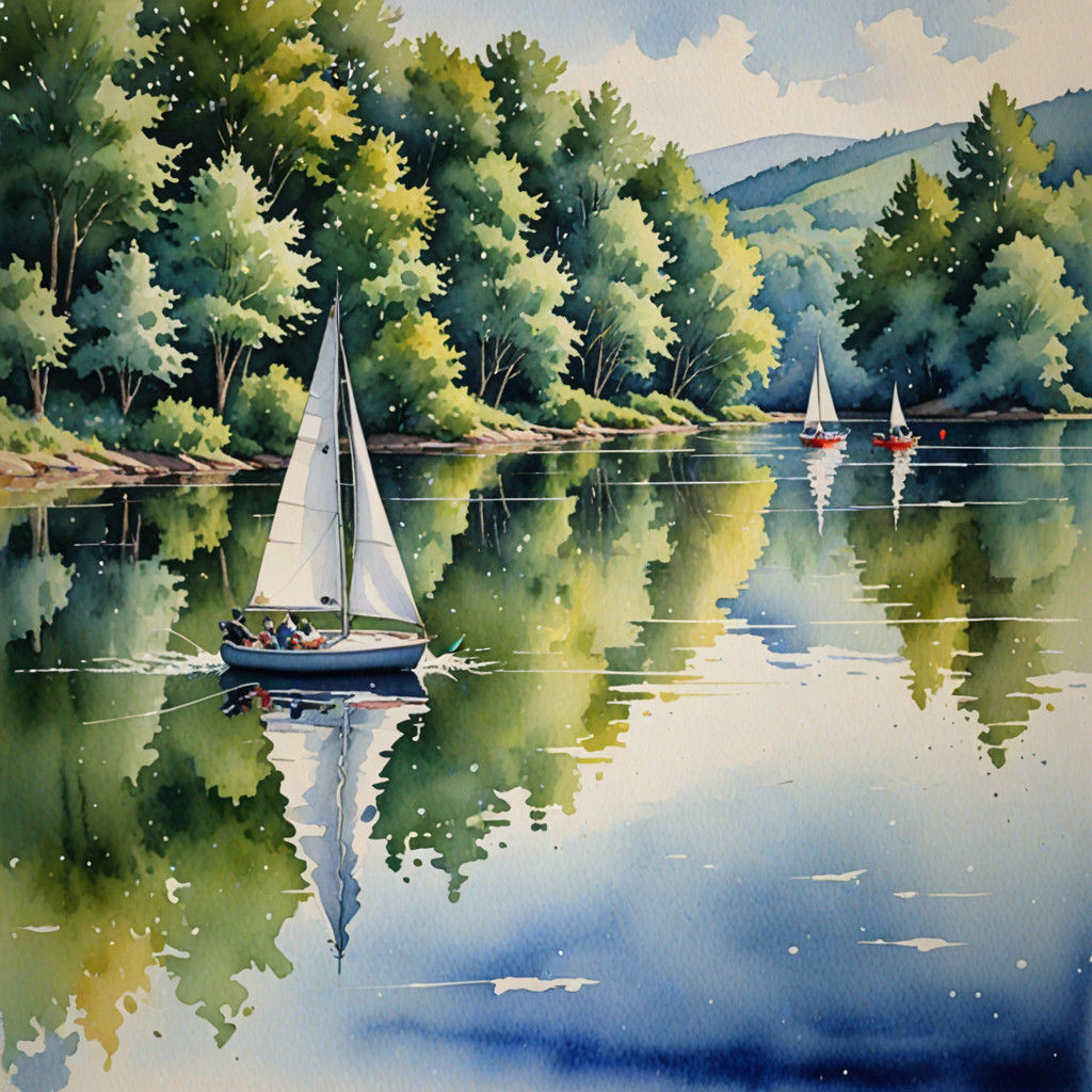 Dinghy sailing on lake summer days watercolour