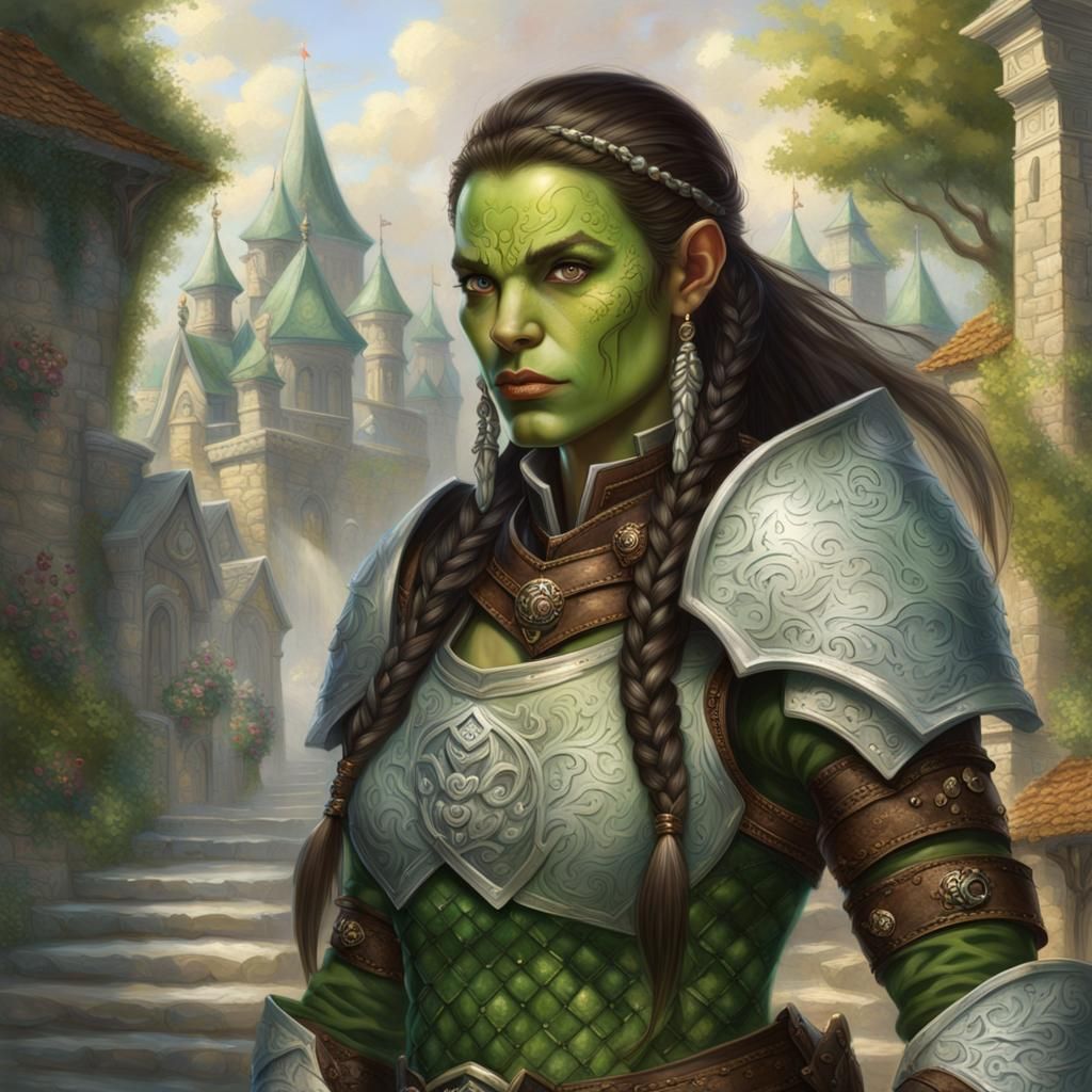 "beautiful (half-orc woman, green skin, green eyes, braids, ...