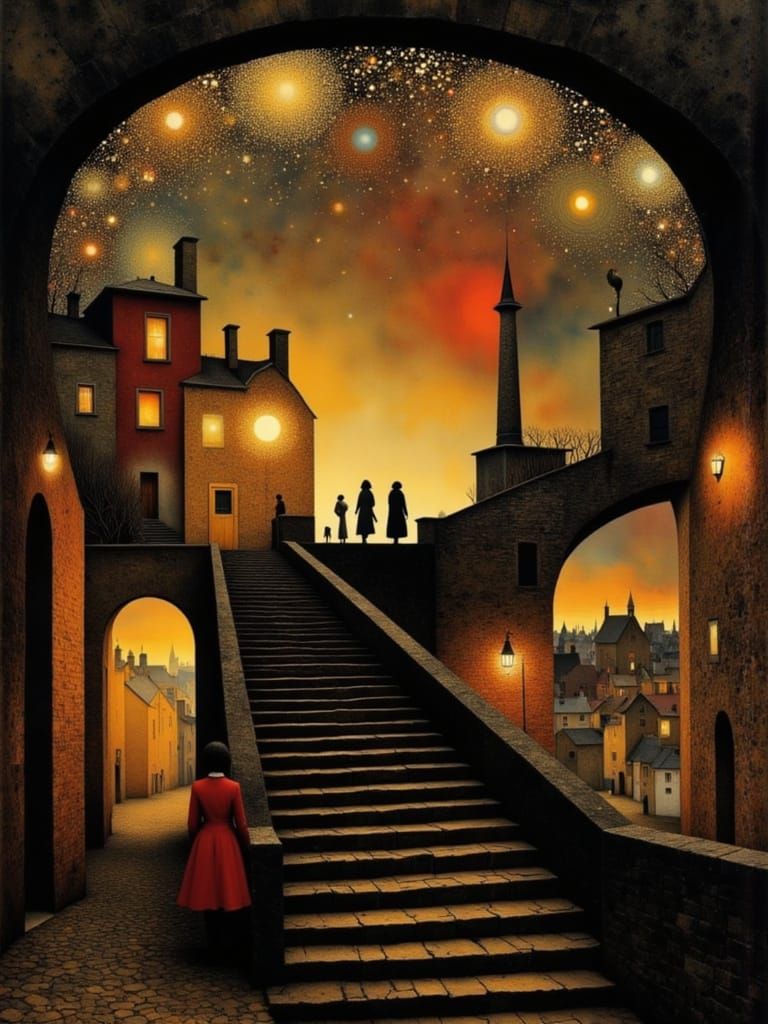 Surreal Golden Sunset with Disorienting Staircase