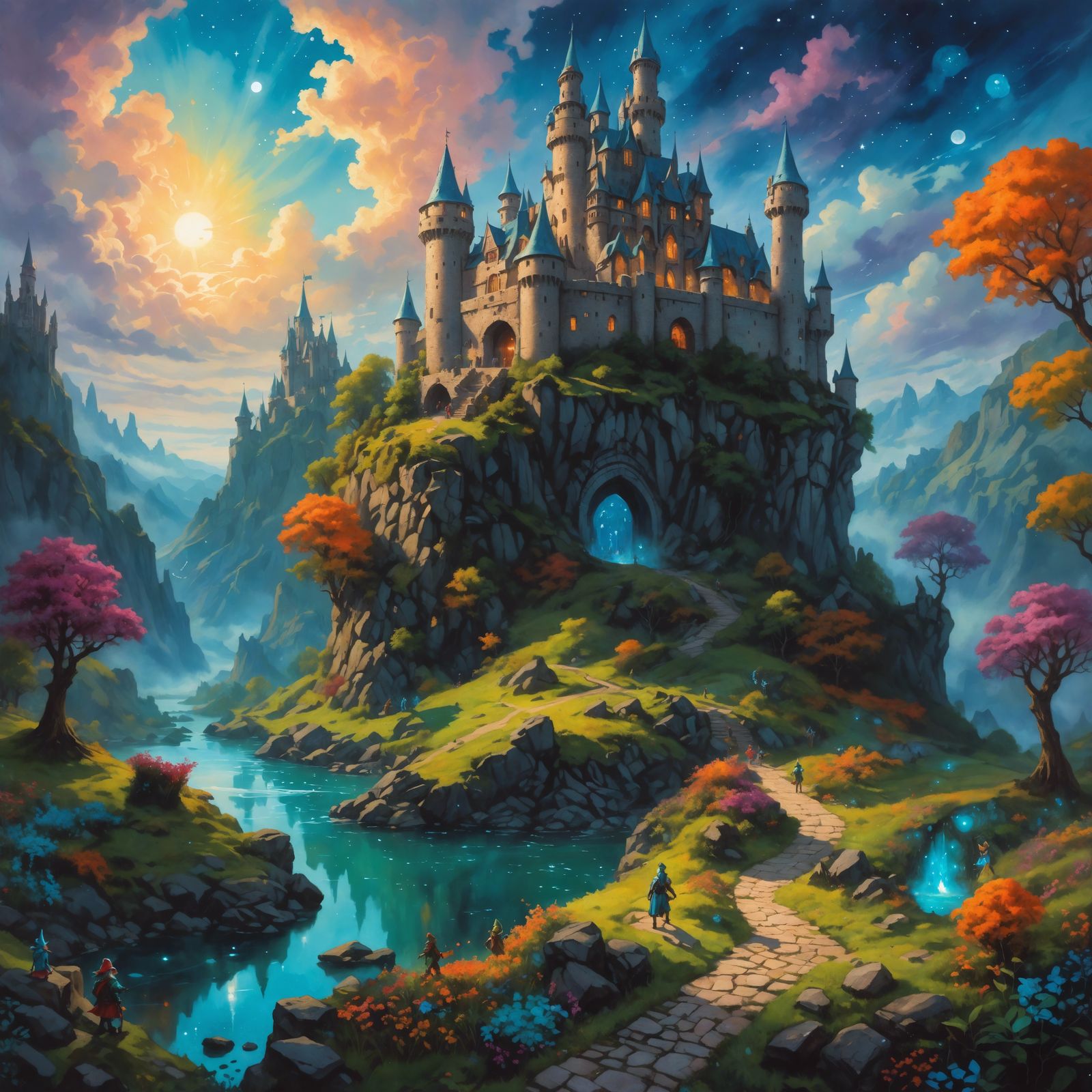 Magical Gathering at Luminous Castle: Gouache Style