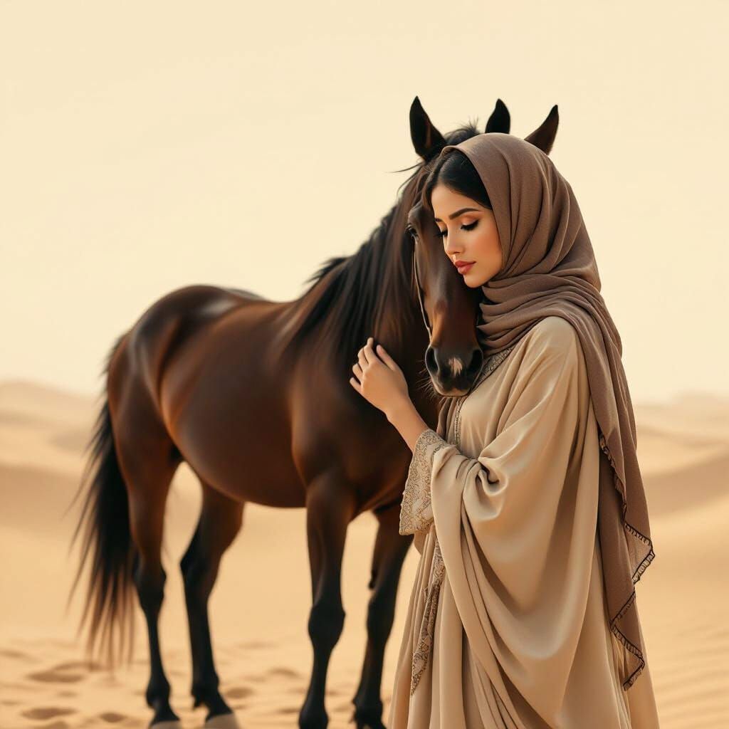 Girl Petting Horse in Warm, Illustrative Digital Art Style