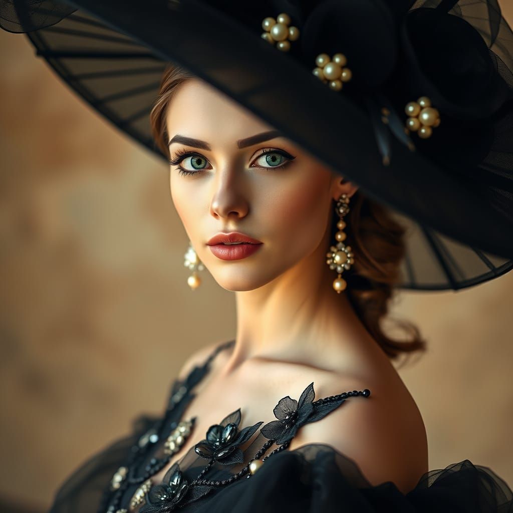 Elegant Woman in Black Gown and Pearl Hat