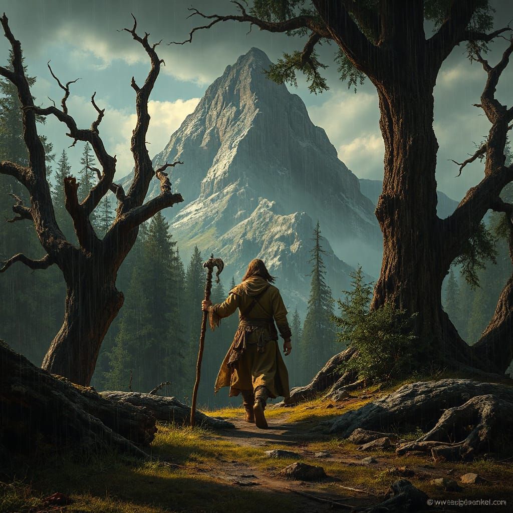 Rain-Soaked Wanderer in Dark Fantasy Landscape