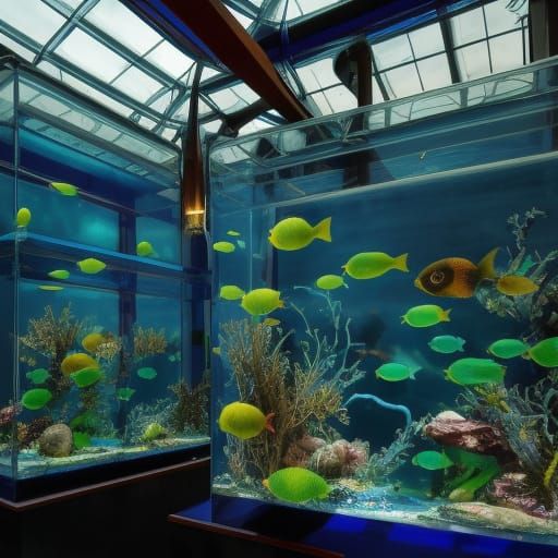 Spectacular Blue Aquarium in Intricate Glass Box