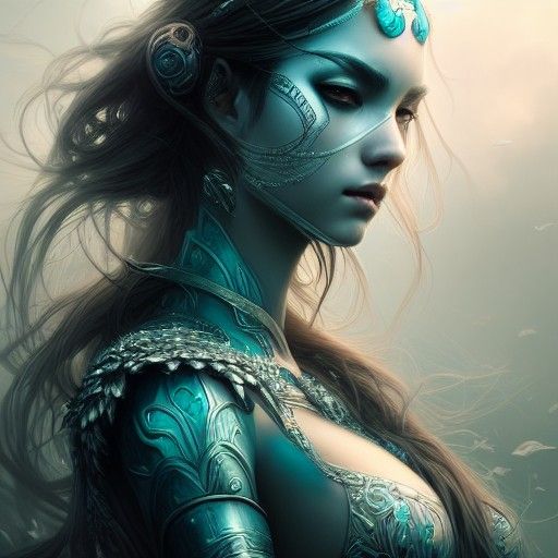 Dark Water Goddess in Silver and Teal Armor