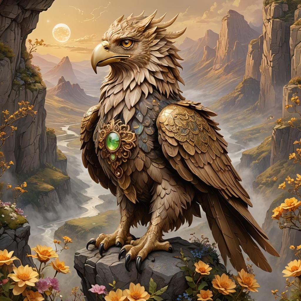 Enchanted Gryphon Overlooking Mystical Valley