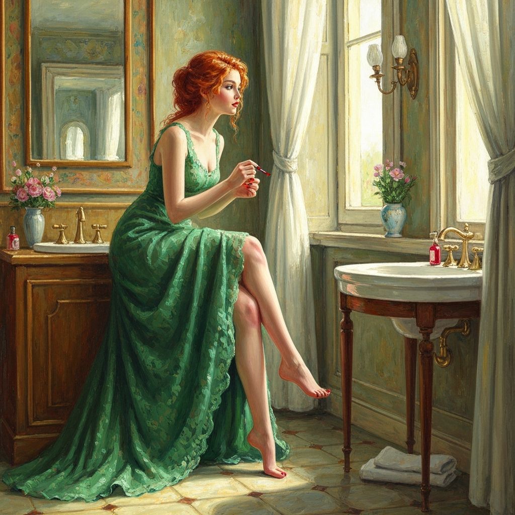 Woman Painting Toenails in an Impressionistic Bathroom