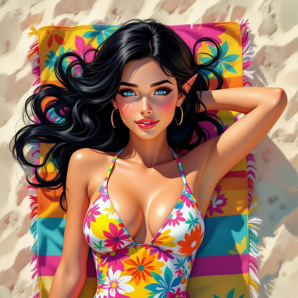 Elf Woman Relaxes on Beach in Hyperrealistic Style