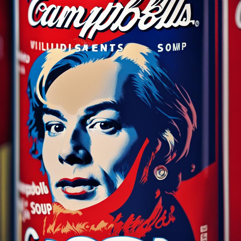 Andy Warhol's face on the label of a Campbell's soup can in ...
