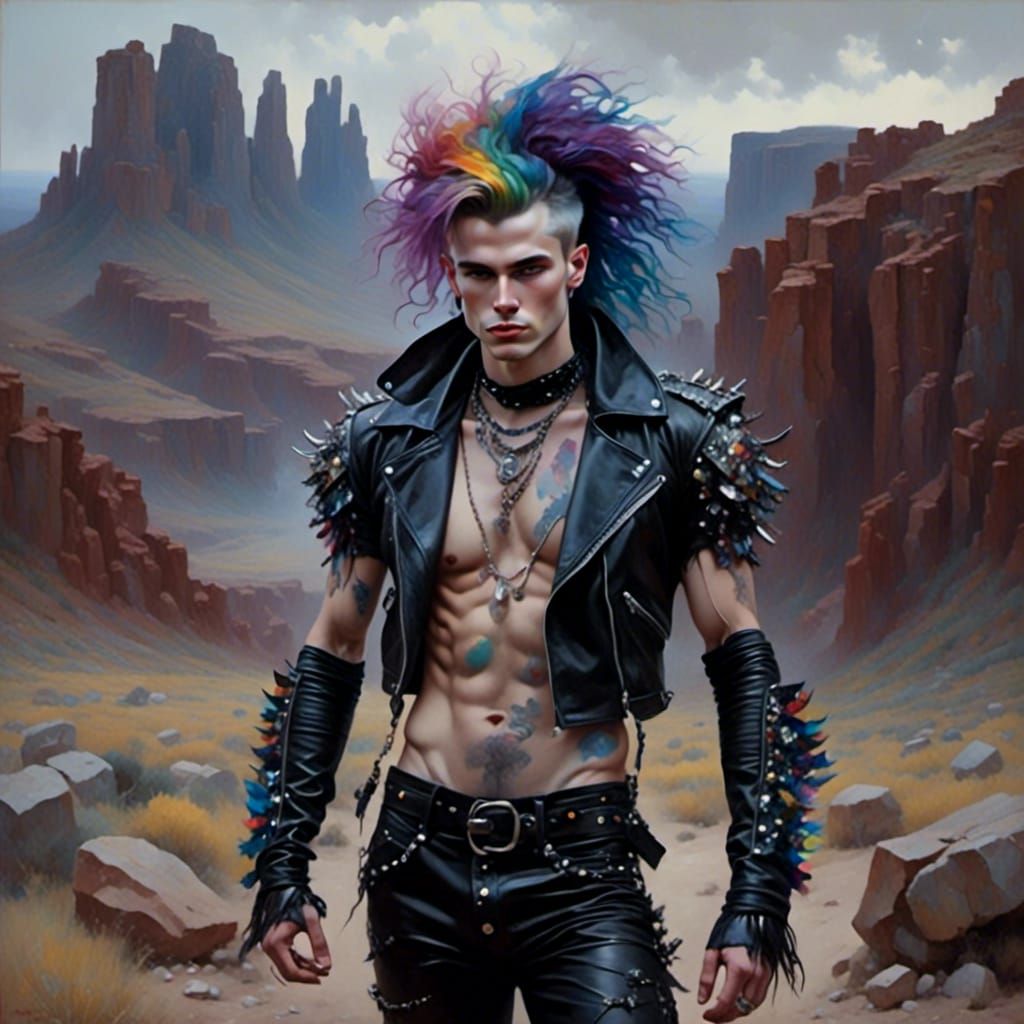 Colorful Haired Punk in Rocky Fantasy Landscape