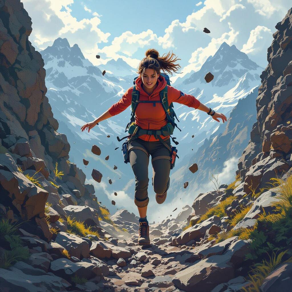 Dynamic Mountain Scene with Hiker in Painterly Style