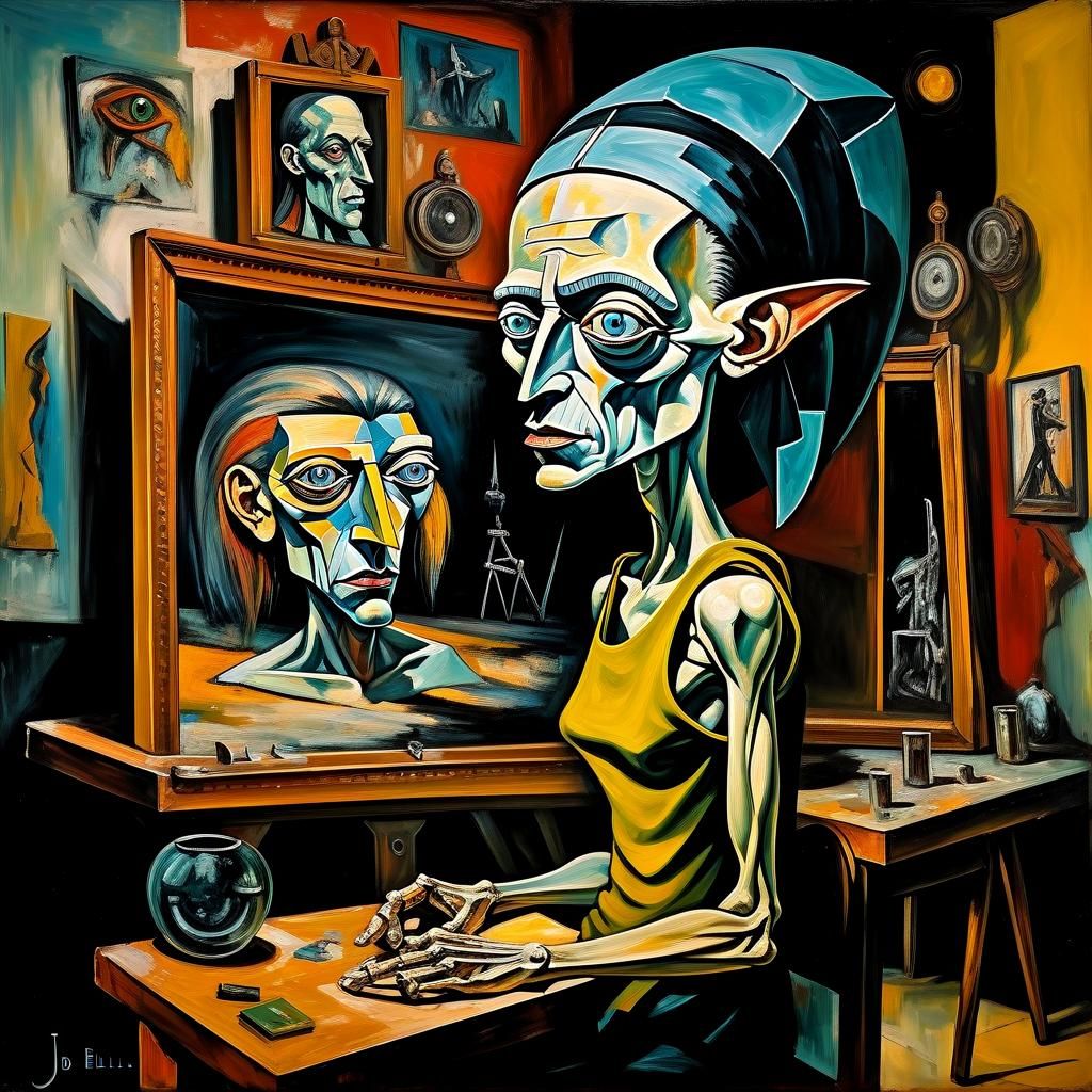 Cyberpunk Portrait with Guernica Symbols in Oil Paint