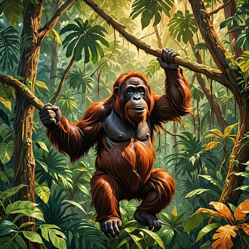 Orangutans Swinging: A Vibrant Oil Painting