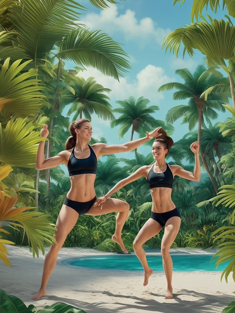 Two Women Enjoying a Tropical Workout on the Beach