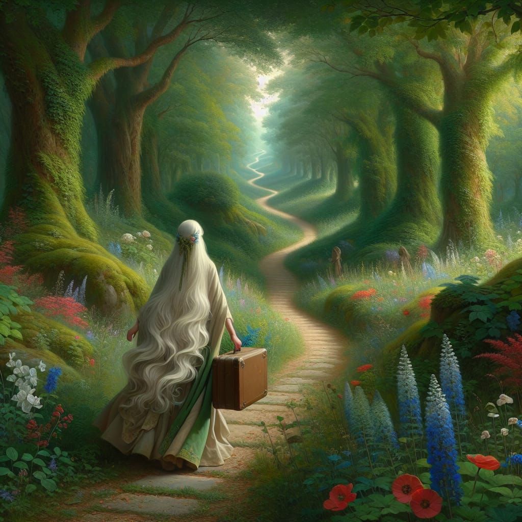 Idyllic Forest Pathway with Woman and Suitcase