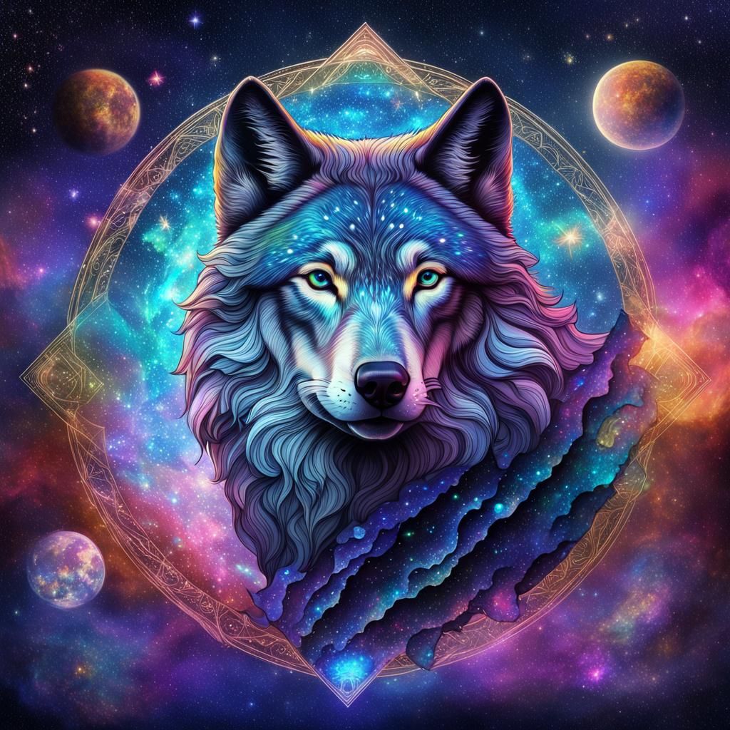 Guardian Galaxy Wolf: Holographic Cosmic Illustration
