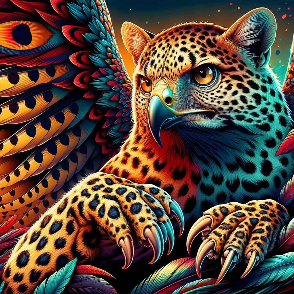Hybrid Hawk-Leopard Creature with Vivid Wings