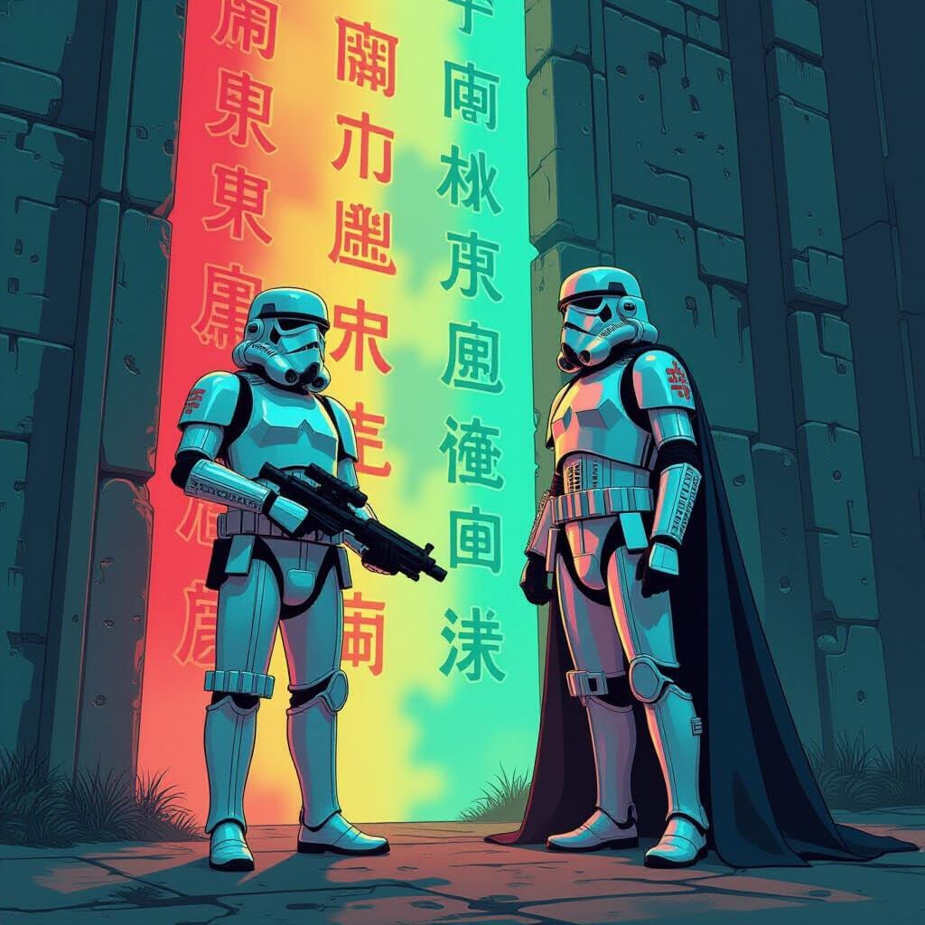 Stormtrooper Guarding Ancient Glyphs in Dystopian Graphic No...