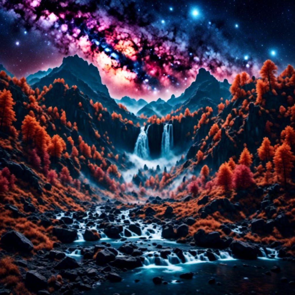 Celestial Waterfall: Stars Cascade from Night Sky