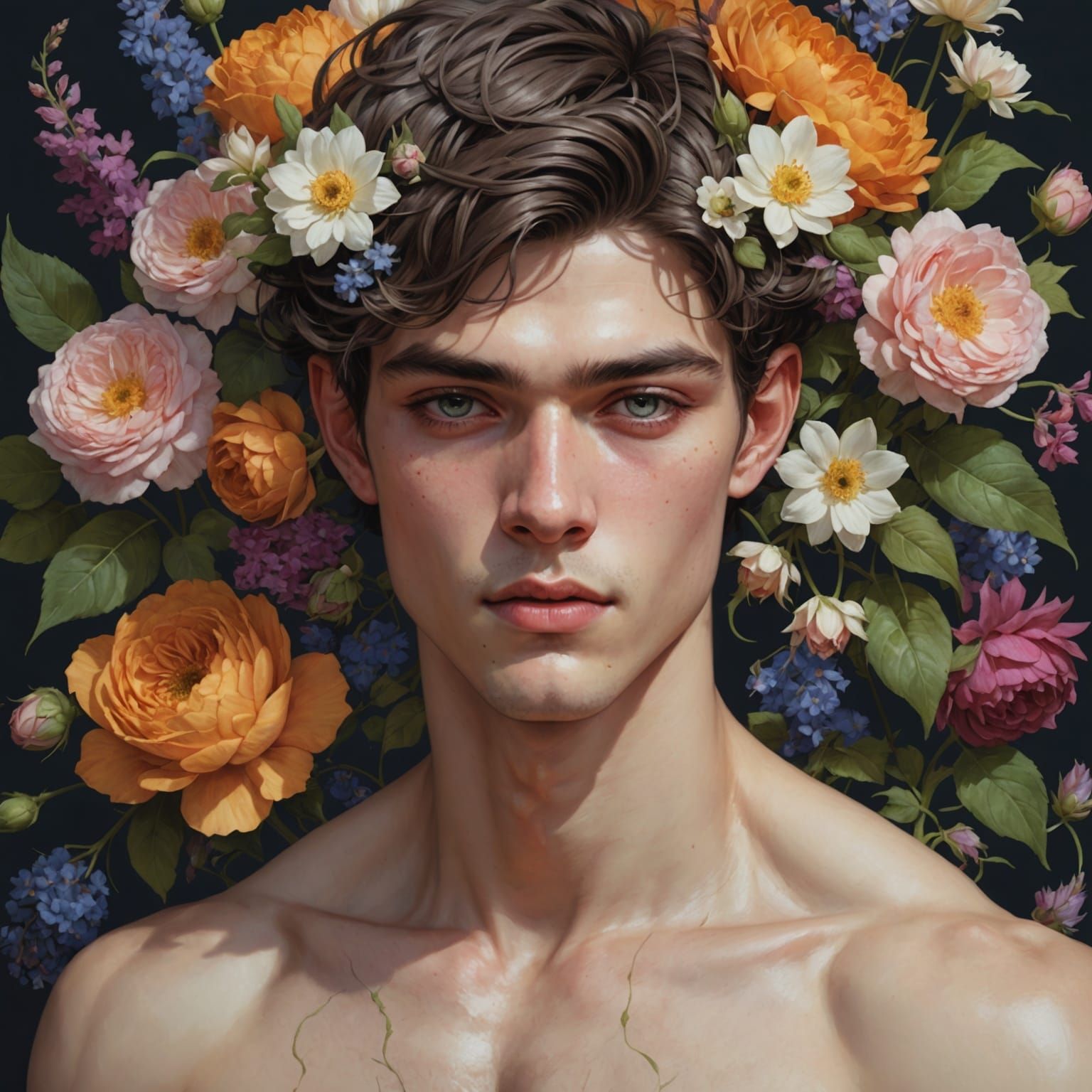 Floral Adorned Man: Hyperdetailed Digital Portrait
