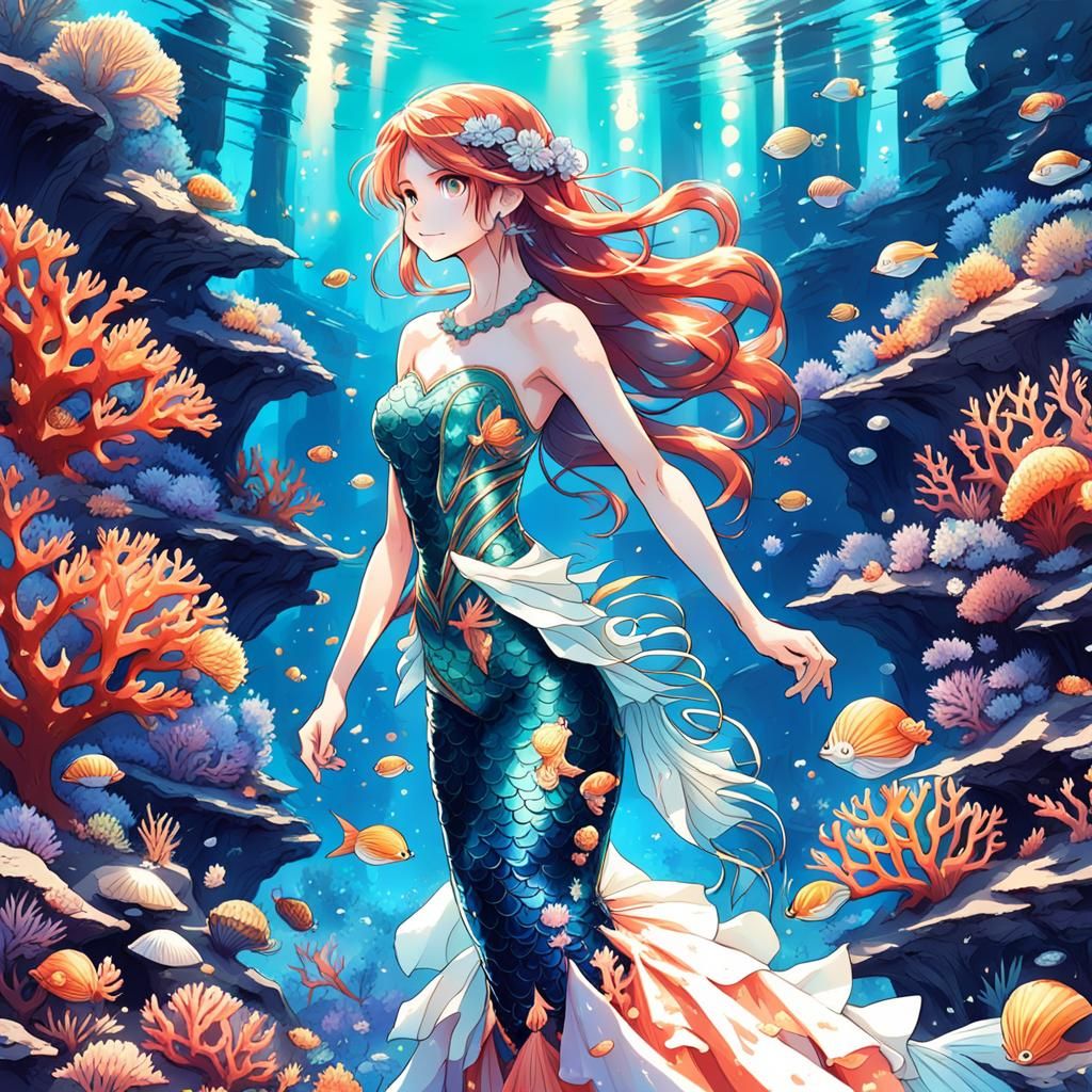 Mermaid in Shell Gown, Anime Style Illustration