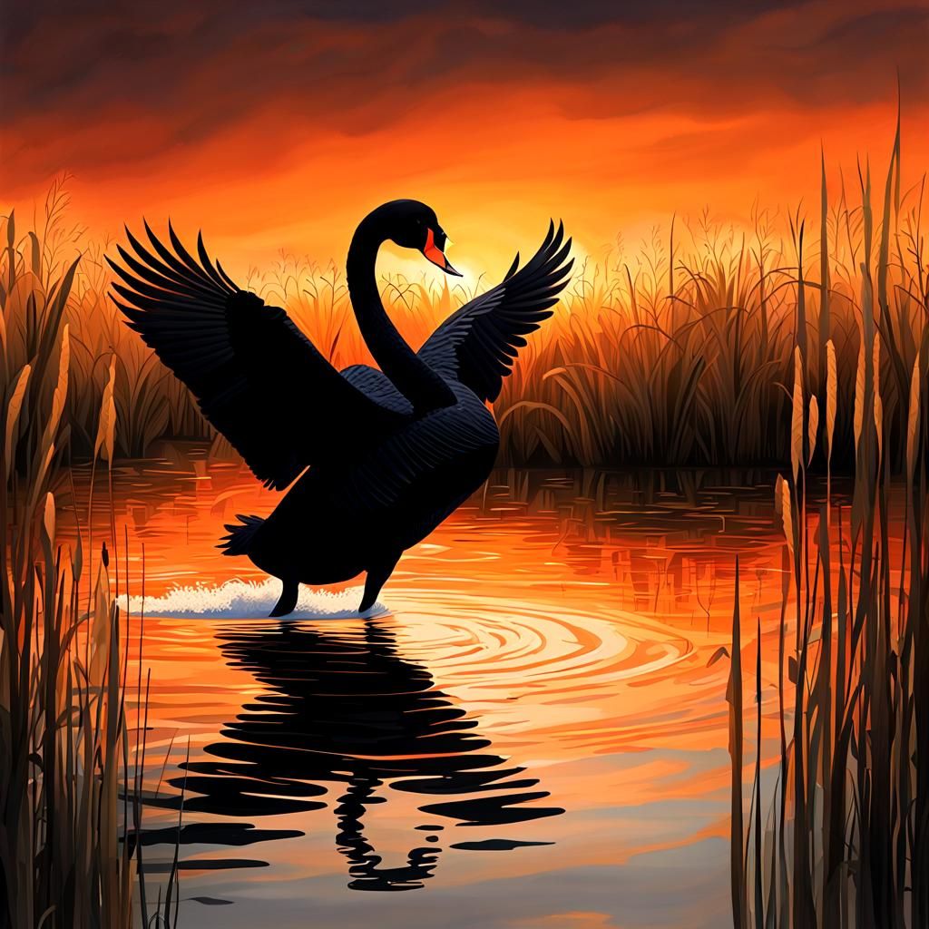 Black Swan Silhouetted Against Orange Sunset