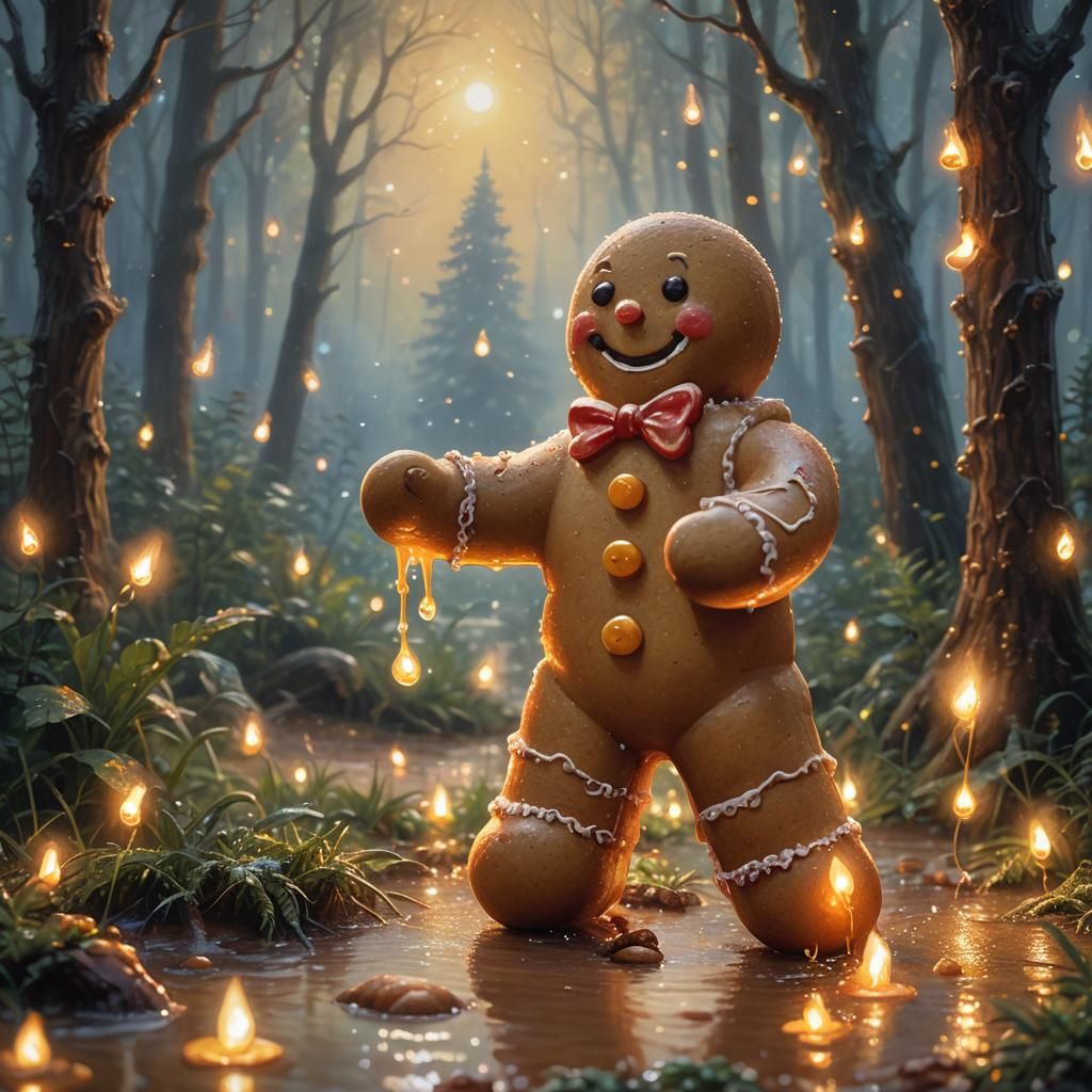 Gingerbread Man in Enchanted Forest, Oil Painting Style