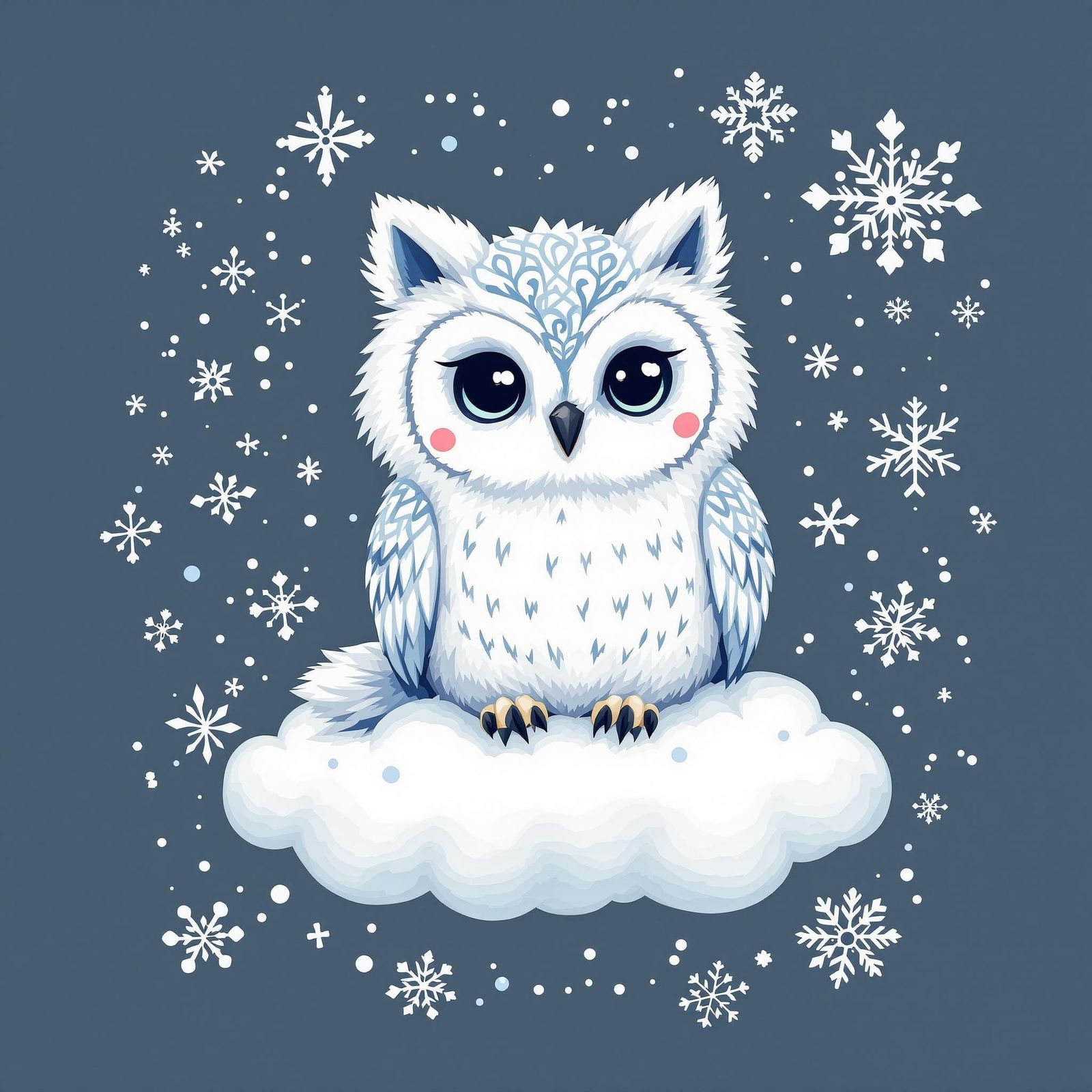 Whimsical Chibi Wolf Owl Sits on Clouds with Filigree and Sn...