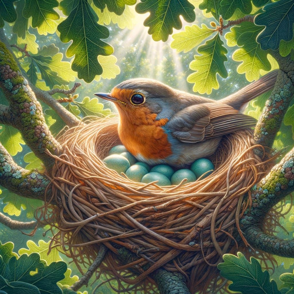 Proud Robin Guarding Eggs in Oak Tree Nest