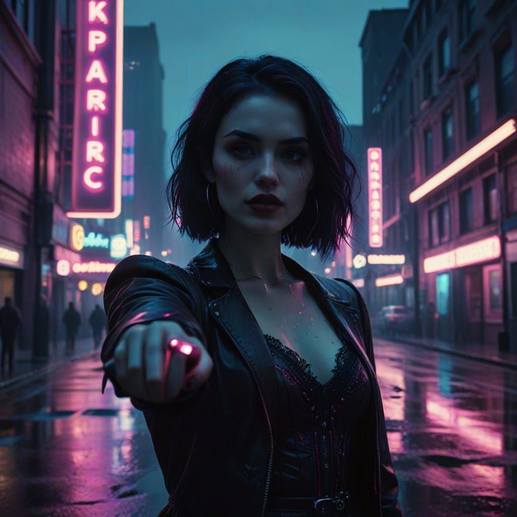 Gothic Vampire Influencer Basks in Neon City Glow