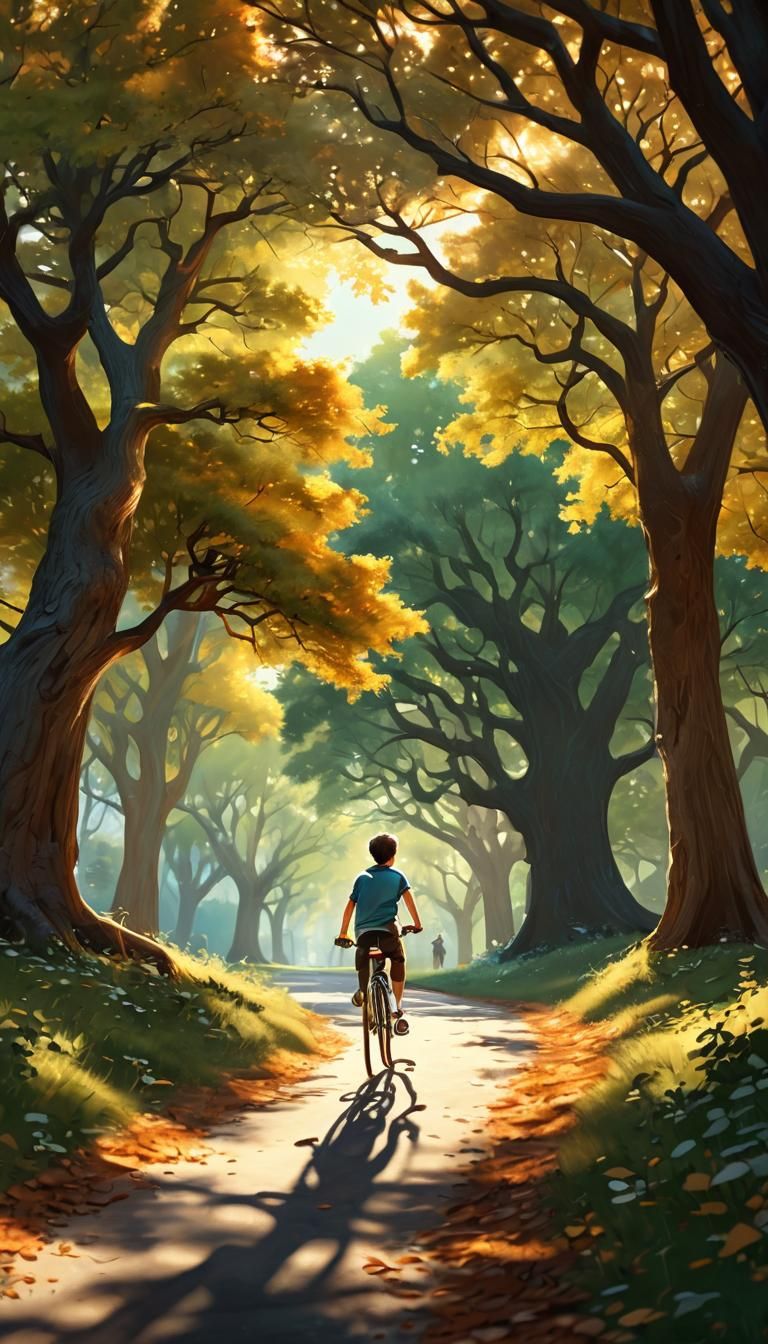 Boy Rides Bicycle Through Forest: Whimsical Concept Art