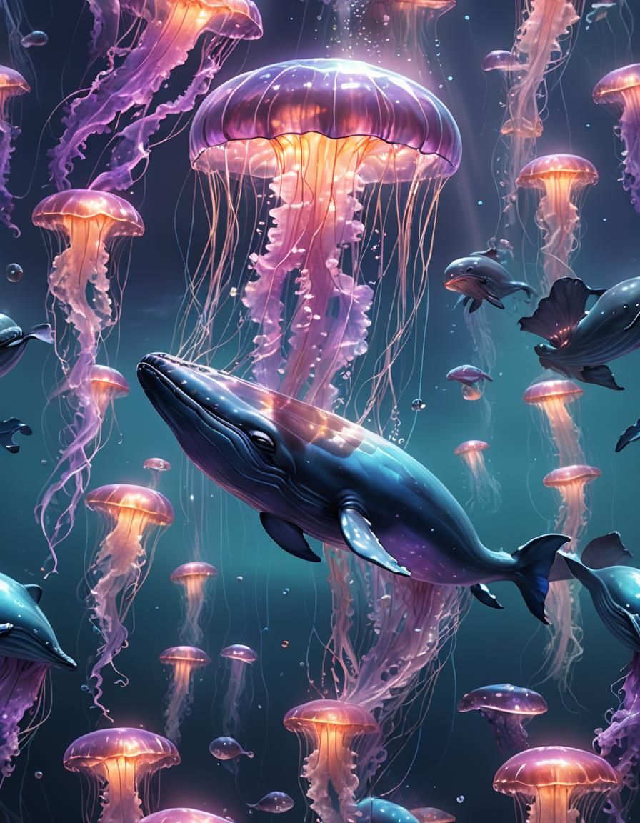 Underwater view of a huge fantastical glowing transparent gl...