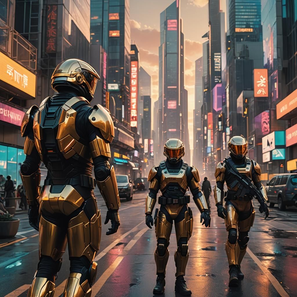 Futuristic Soldiers Patrol Neon Cityscape
