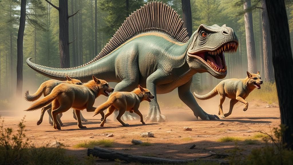 A pack of wolves attacking a Spinosaurus.