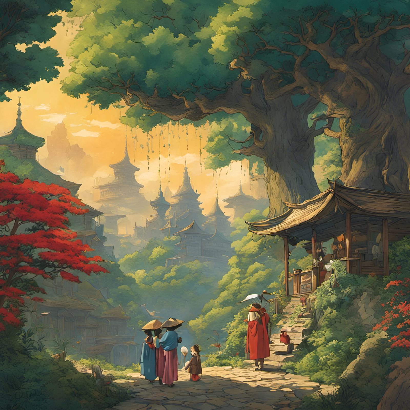 Ghibli-Style Altar at Dawn: Watercolor Painting