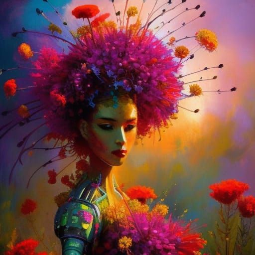 Floral Cyberpunk Robot in Expressionist Impasto Style