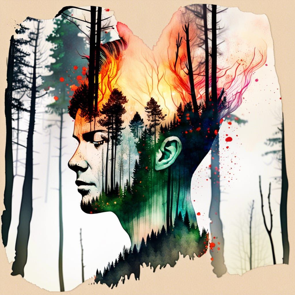 Fiery Forest Head: Double Exposure Watercolour Art