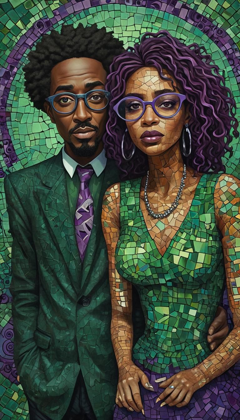Surreal Mosaic: Melanin Singers in Green and Purple