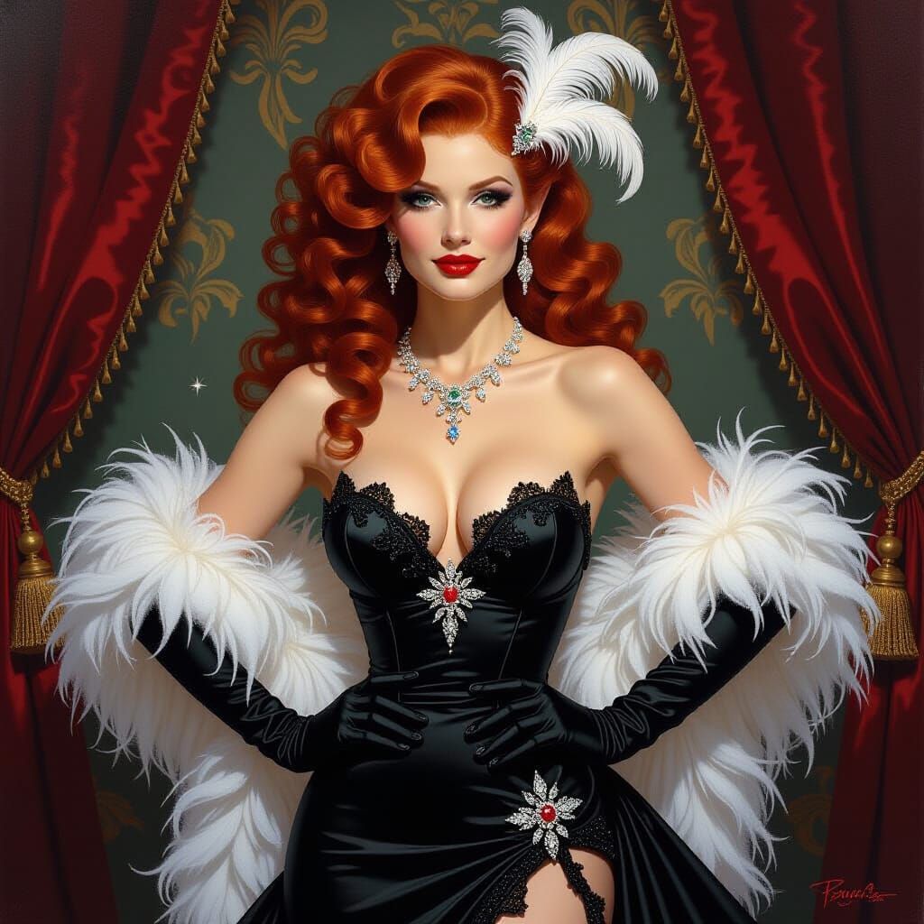 Red-Haired Elf Showgirl in Fantasy Oil Painting Style